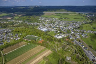 Aerial view, residential area, local view district Nuttlar with motorway A46 valley bridge Nuttlar,