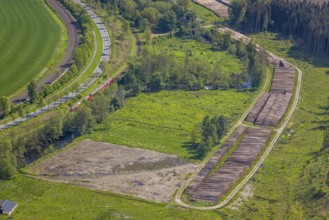Aerial view, timber wet storage site temporary storage, S-Bahn railway line, road Am Dümel, Ostwig,
