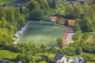 Aerial view, football stadium sports field Ostwig, tennis courts, Ostwig, Bestwig, Sauerland, North