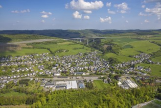 Aerial view, residential area, local view, district Nuttlar with motorway A46 viaduct Nuttlar,