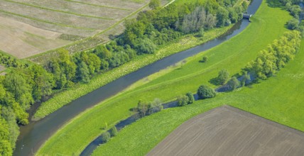 Aerial view, river Luchtmücke with small weir and river Ruhr renaturalisation, Arnsberg Forest