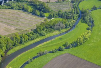 Aerial view, river Luchtmücke with small weir and river Ruhr renaturalisation, Arnsberg Forest