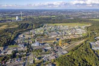 Aerial view, Bayer AG plant pharmaceutical company, rear left Bergkamen power plant, distant view