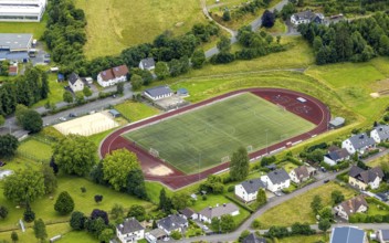 Aerial view, Wabachstadion, football stadium and athletics stadium, Bad Laasphe, Wittgensteiner