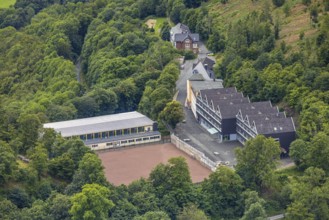 Aerial view, Wittgenstein Castle, grammar school and secondary school in the forest, Wittgenstein
