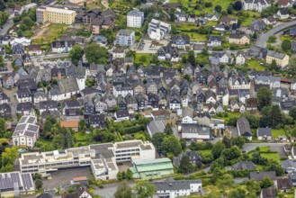 Aerial view, Municipal grammar school, old town with historic houses and protestant town church,