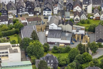 Aerial view, Bosch Brewery on the river Laasphe in a residential area, Bad Laasphe, Wittgensteiner