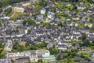 Aerial view, municipal grammar school, old town with historic houses and protestant town church,