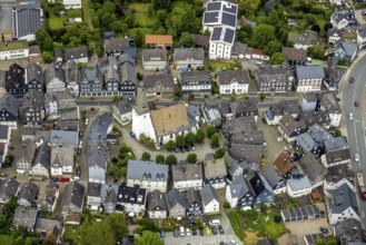 Aerial view, protestant town church and church square in the town centre with historic
