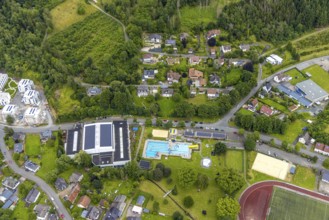 Aerial view, Wabachbad, outdoor pool and lawn, Buhlschlag housing estate, children's pool, Bad