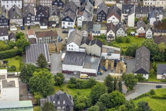 Aerial view, Bosch brewery at the river Laasphe in the residential area, Bad Laasphe,