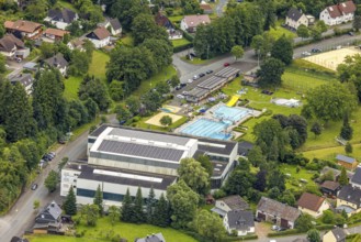 Aerial view, Wabachbad, outdoor pool and sunbathing area, children's pool, Bad Laasphe,