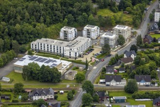 Aerial view, construction site with new urban villas and flats, on the site of the former secondary