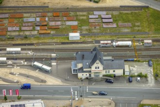 Aerial view, Bad Laasphe railway station and station building, Bad Laasphe, Wittgensteiner Land,