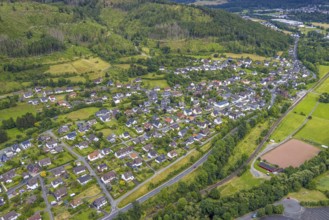 Aerial view, sports field Niederlaasphe, Niederlaasphe SG, residential area local view at the