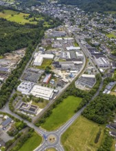 Aerial view, commercial area in the Aue, roundabout Bahnhofstraße federal road, B62, residential