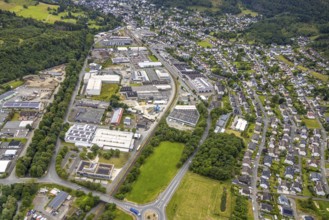 Aerial view, commercial area in the floodplain, roundabout Bahnhofstraße federal road, B62,