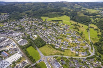 Aerial view, new residential area Am Galgenberg, roundabout federal road B62, forest area, Bad