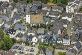 Aerial view, protestant town church and church square in the town centre with historic