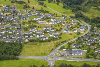 Aerial view, new residential area Am Galgenberg, roundabout federal road B62, forest area, Bad