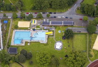 Aerial view, Wabachbad, outdoor pool and sunbathing area, children's pool, Bad Laasphe,