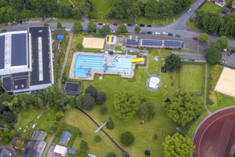 Aerial view, Wabachbad, outdoor pool and sunbathing area, children's pool, Bad Laasphe,