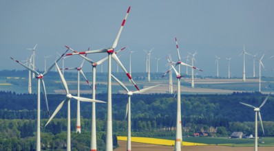 Aerial view, wind park and wind farm wind energy plant, wind turbines and rape fields near