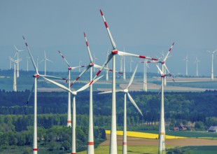 Aerial view, wind park and wind farm wind energy plant, wind turbines and rape fields near