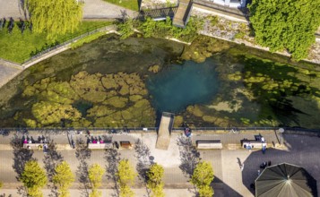 Aerial view, river Lippe spring in Arminiuspark at the congress centre, Bad Lippspringe, East