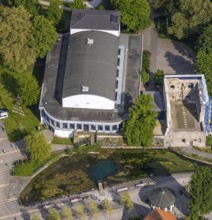Aerial view, Congress Centre Bad Lippspringe, Arminiuspark with castle ruins and river Lippequelle