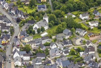 Aerial view, protestant church and half-timbered houses, Feudingen, Bad Laasphe, Wittgensteiner