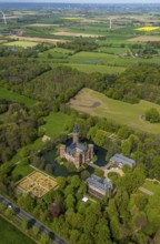 Aerial view, Museum Schloss Moyland, neo-Gothic moated castle and castle park surrounded by meadows