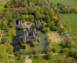 Aerial view, Museum Schloss Moyland, neo-Gothic moated castle and castle park surrounded by meadows