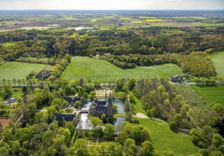 Aerial view, Museum Schloss Moyland, neo-Gothic moated castle and castle park surrounded by meadows