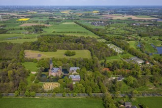 Aerial view, Museum Schloss Moyland, neo-Gothic moated castle and castle park surrounded by meadows