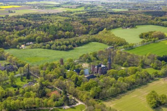 Aerial view, Museum Schloss Moyland, neo-Gothic moated castle and castle park surrounded by meadows