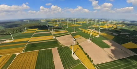 Aerial view, wind farm and wind farm, wind turbine, wind turbines and tiled meadows and fields near