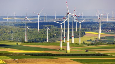 Aerial view, wind park and wind farm wind energy plant, wind turbines and rape fields near