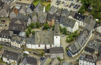 Aerial view, protestant town church and church square in the town centre with historic