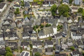 Aerial view, protestant town church and church square in the town centre with historic
