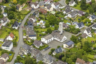 Aerial view, Bad Laasphe volunteer fire brigade equipment depot and tower, residential area on