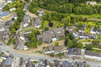Aerial view, Mushroom Museum at Wilhelmsplatz, gardens and railway line, Bad Laasphe,