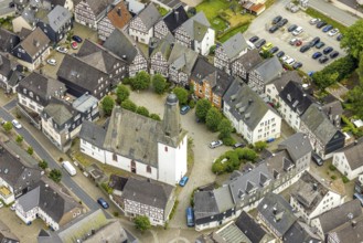 Aerial view, protestant town church and church square in the town centre with historic