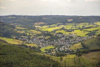 Aerial view, view of Feudingen in the valley, evang. Church and half-timbered houses, view of