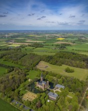 Aerial view, Museum Schloss Moyland, neo-Gothic moated castle and castle park surrounded by meadows