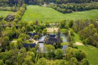 Aerial view, Museum Schloss Moyland, neo-Gothic moated castle and castle park surrounded by meadows