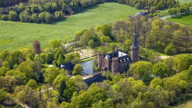 Aerial view, Museum Schloss Moyland, neo-Gothic moated castle and castle park surrounded by meadows