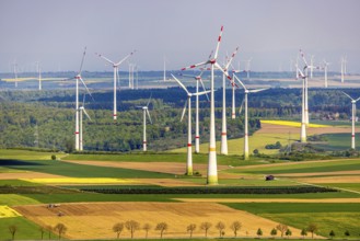 Aerial view, wind park and wind farm wind energy plant, wind turbines and rape fields near