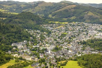 Aerial view, local view and residential area, hilly landscape of Waldeck, forest area with forest