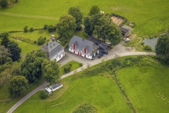 Aerial view, forester's lodge Homrighausen, hunting dogs, half-timbered house, Bad Berleburg,